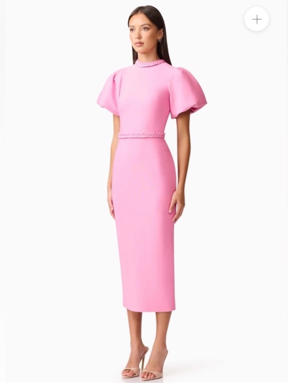 elliatt coralene pink puff sleeve high neck fitted midi dress size medium NEW - Picture 3 of 12